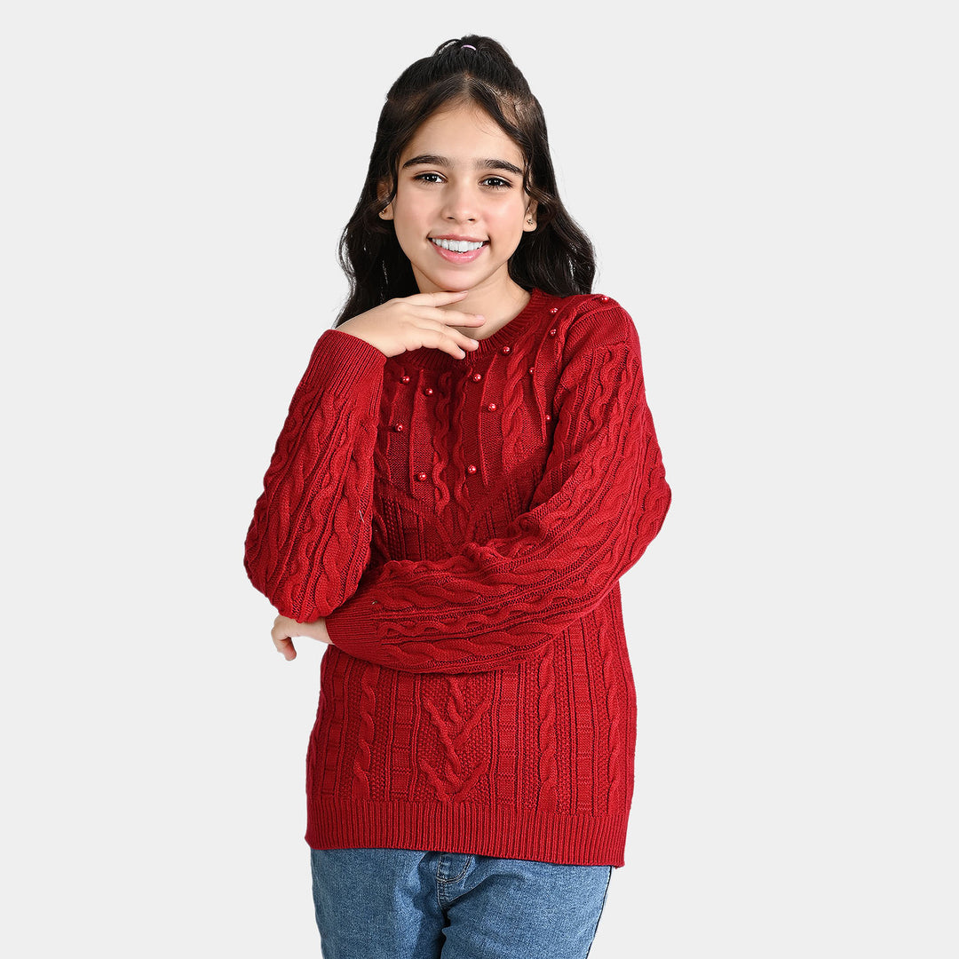 Girls Acrylic Sweater Cable Pearls-MAROON