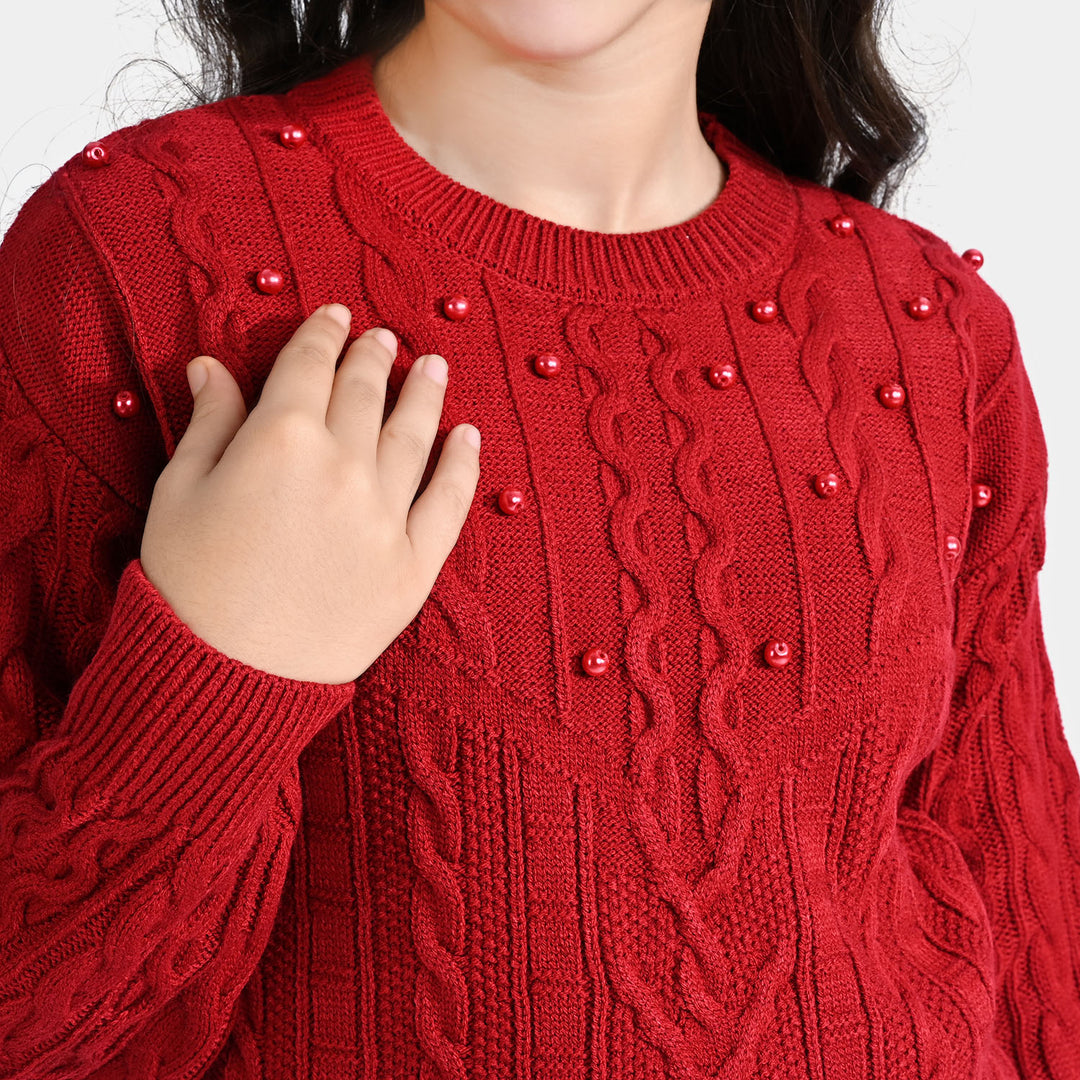 Girls Acrylic Sweater Cable Pearls-MAROON