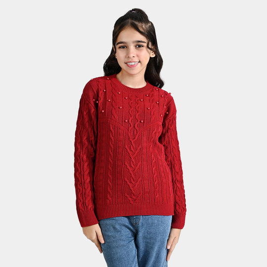 Girls Acrylic Sweater Cable Pearls-MAROON