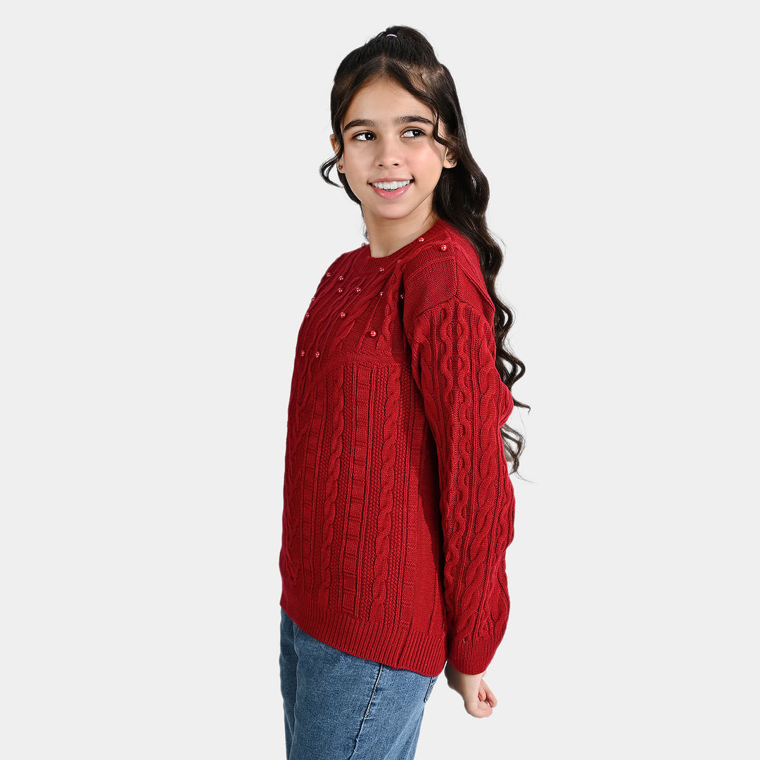 Girls Acrylic Sweater Cable Pearls-MAROON