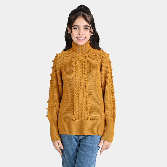 Girls Acrylic Sweater Turtle Neck-Mustard