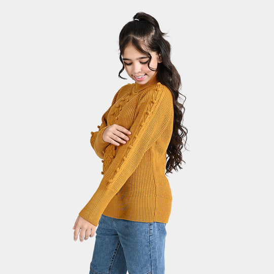 Girls Acrylic Sweater Turtle Neck-Mustard