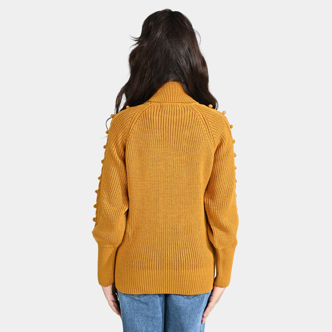 Girls Acrylic Sweater Turtle Neck-Mustard