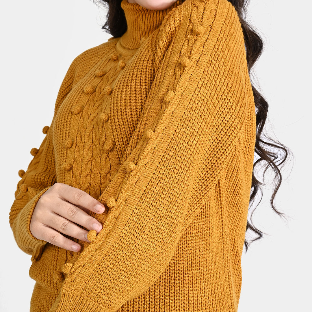 Girls Acrylic Sweater Turtle Neck-Mustard