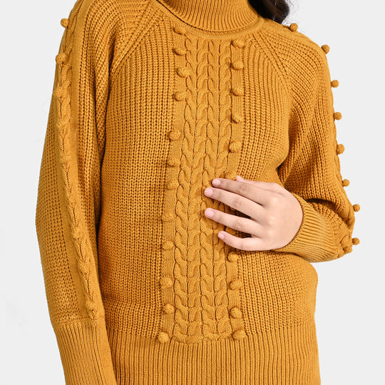 Girls Acrylic Sweater Turtle Neck-Mustard