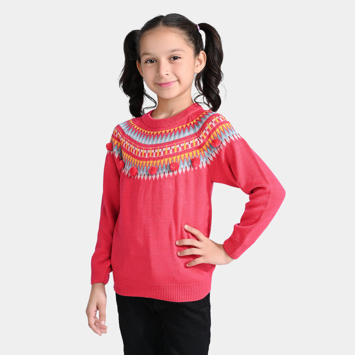 Girls Acrylic Sweater pompom Fusion-Hot Pink