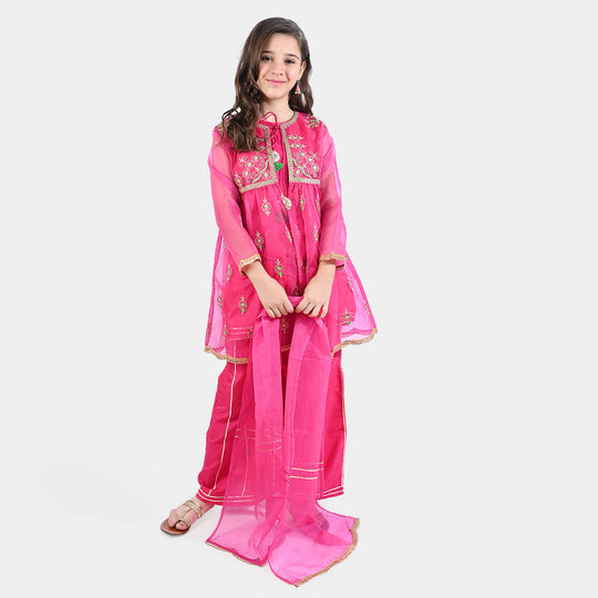 Girls Organza 4PC Suit Khwaab-Hot Pink