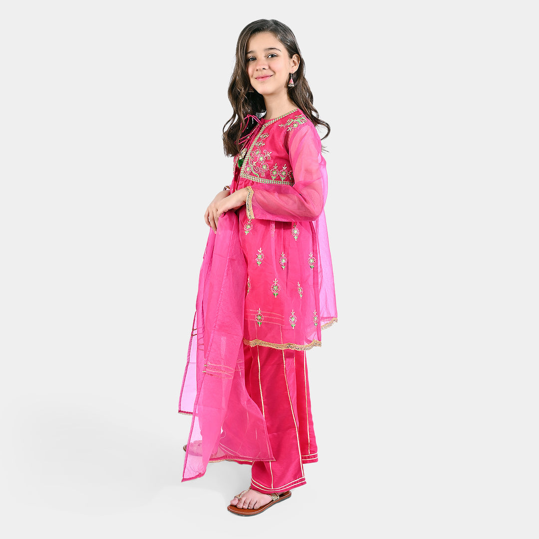 Girls Organza 4PC Suit Khwaab-Hot Pink