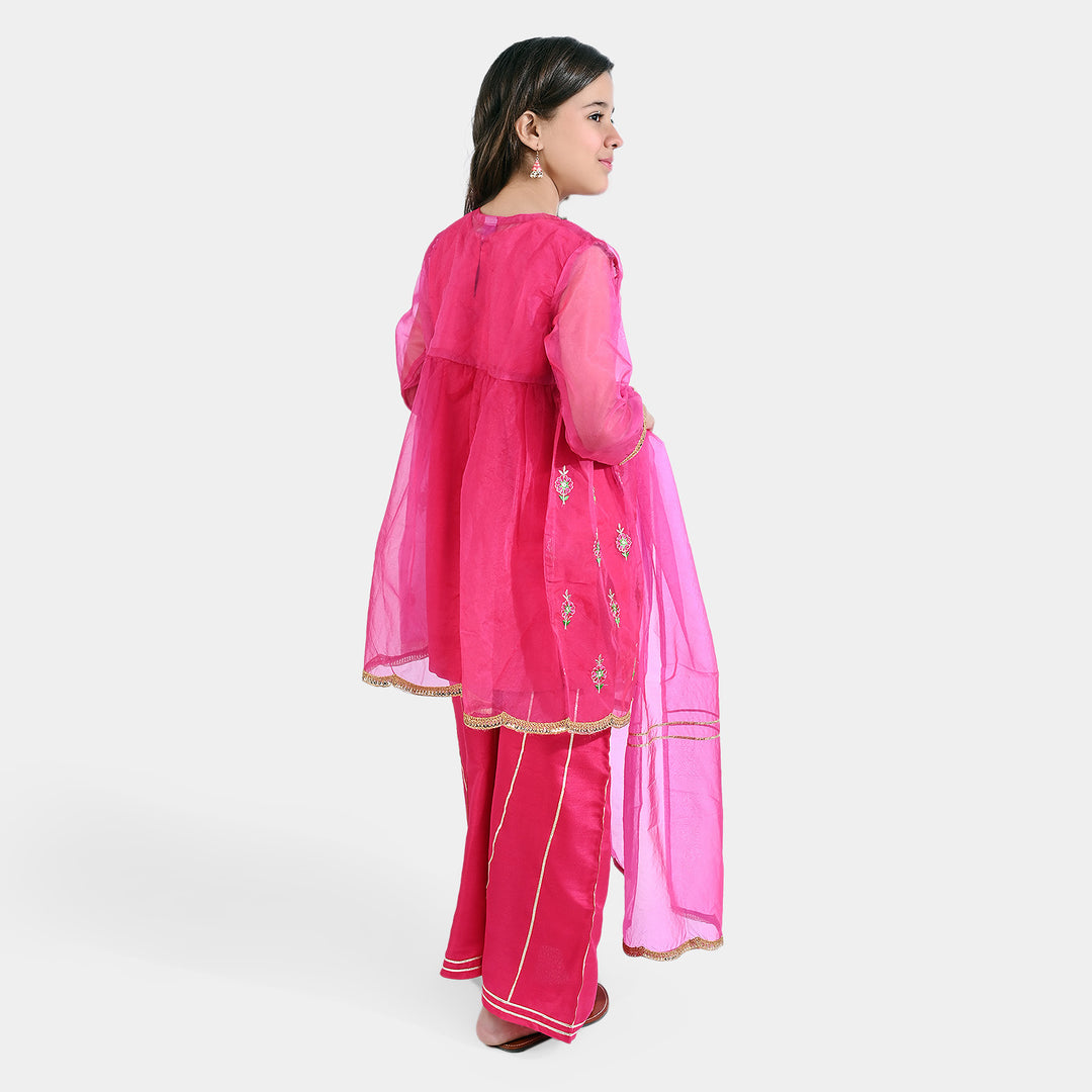 Girls Organza 4PC Suit Khwaab-Hot Pink