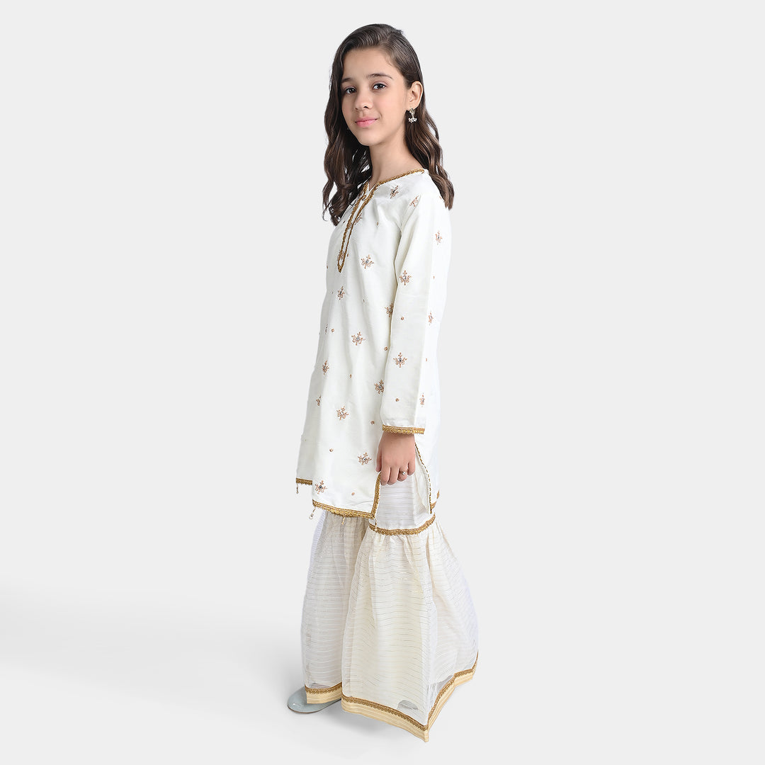 Girls Raw Silk 3Pcs Nikhaar-Ivory