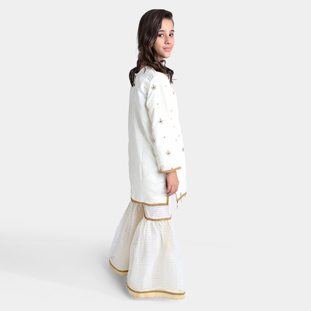 Girls Raw Silk 3Pcs Nikhaar-Ivory