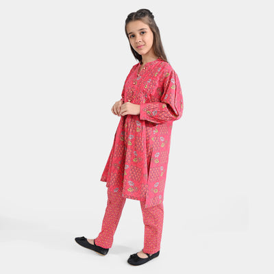 Girls Cotton Poplin Printed 2PCs Suit Floral Kantha-Multi