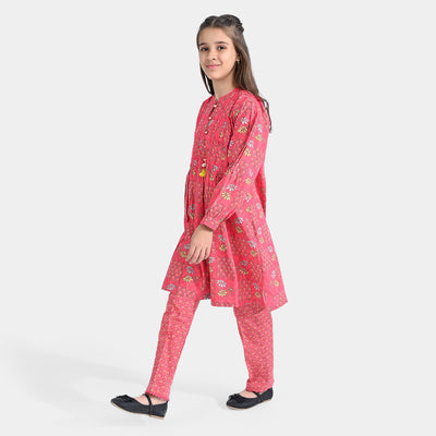 Girls Cotton Poplin Printed 2PCs Suit Floral Kantha-Multi
