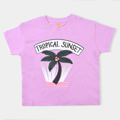 Girls Cotton Jersey T-Shirt H/S Tropical Sunset-ORCHID