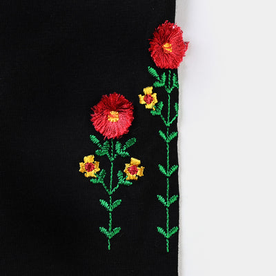 Infant Girls Lycra Jersey Embroidered Tights Flowers-Jet Black