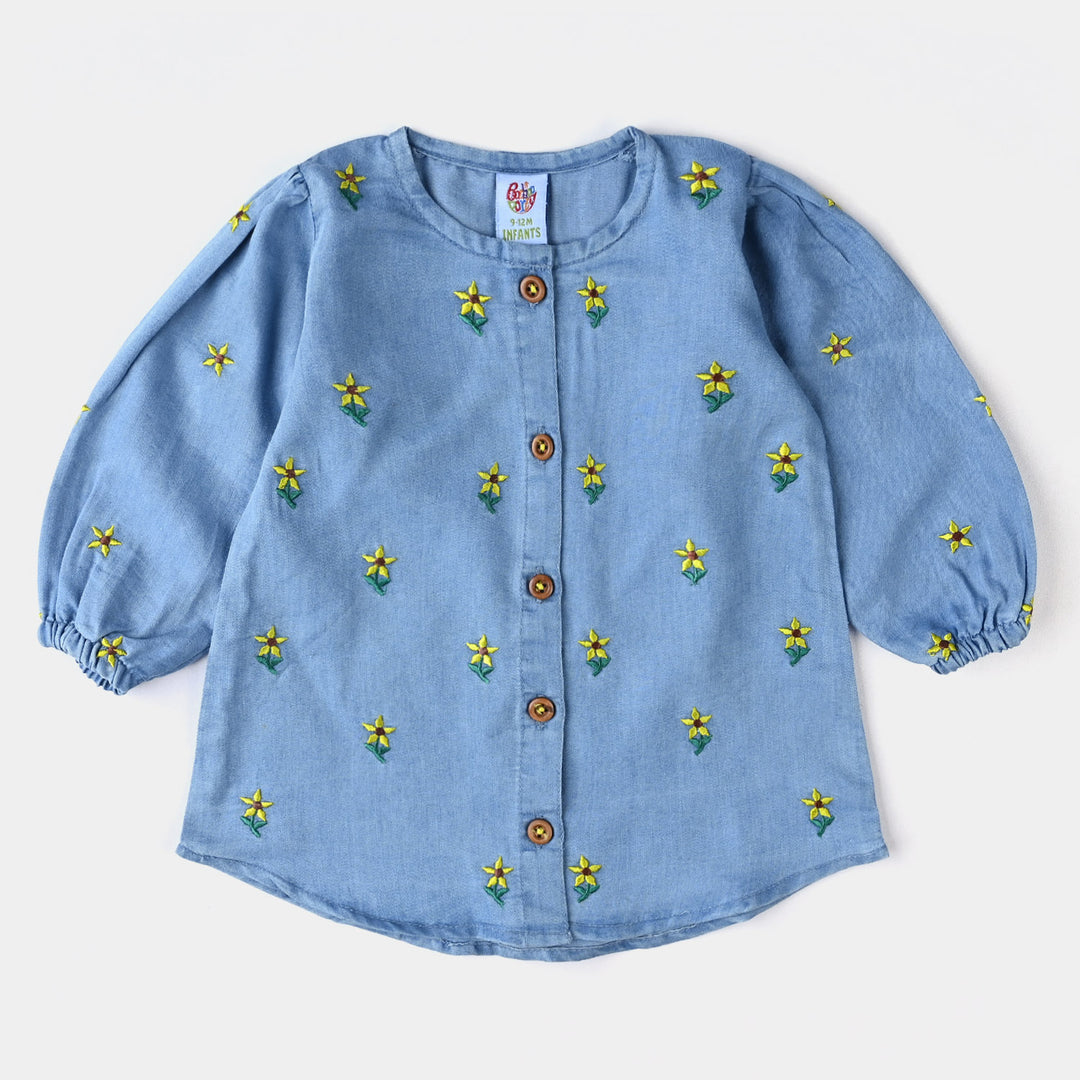 Infant Girls Tensile Denim Top EMB Sunflower-LIGHT BLUE