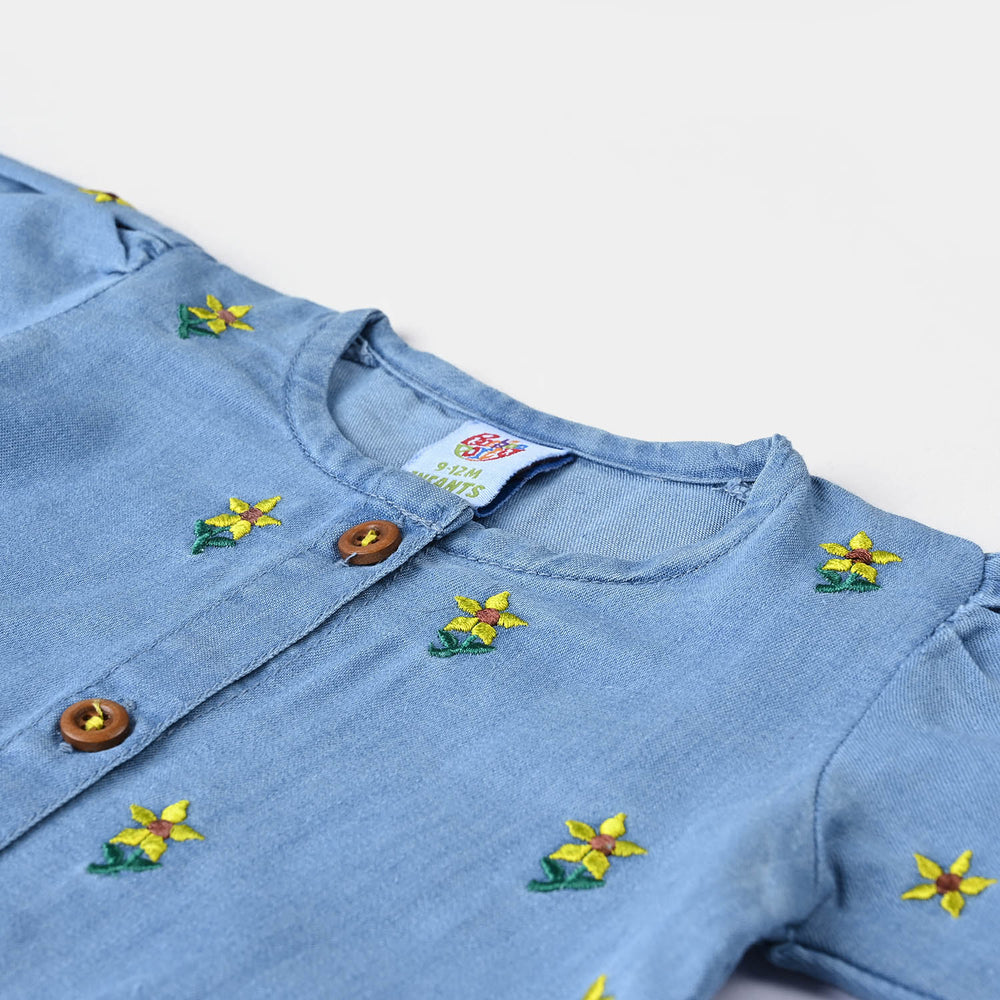 Infant Girls Tensile Denim Top EMB Sunflower-LIGHT BLUE