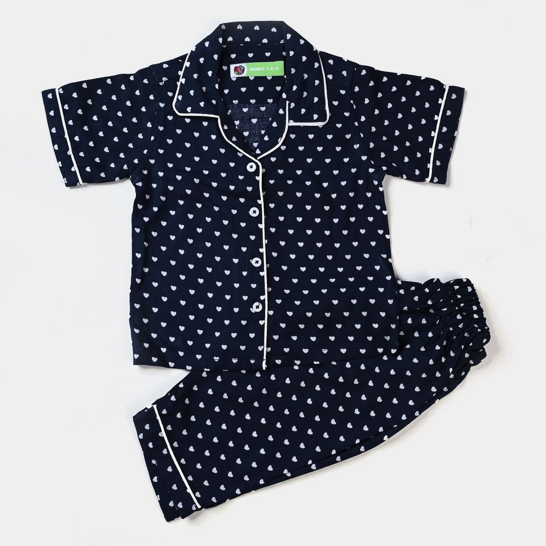 Infant Girls Cotton Woven Night Suit Hearts-NAVY