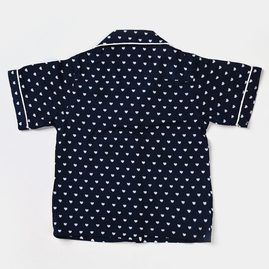 Infant Girls Cotton Woven Night Suit Hearts-NAVY