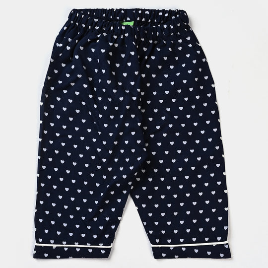 Infant Girls Cotton Woven Night Suit Hearts-NAVY