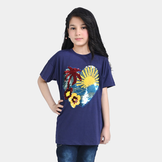 Girls Cotton Jersey T-Shirt H/S Heart-True Navy