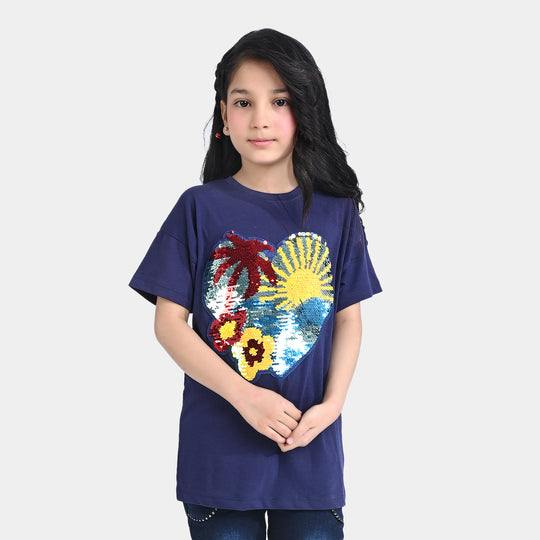 Girls Cotton Jersey T-Shirt H/S Heart-True Navy