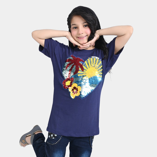 Girls Cotton Jersey T-Shirt H/S Heart-True Navy