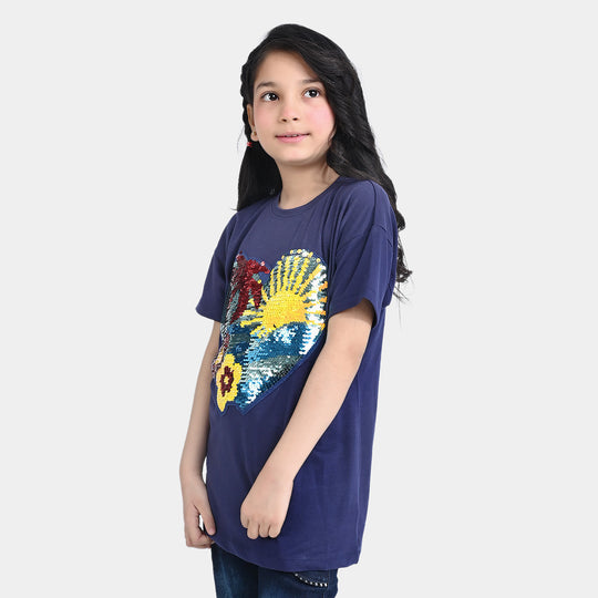 Girls Cotton Jersey T-Shirt H/S Heart-True Navy