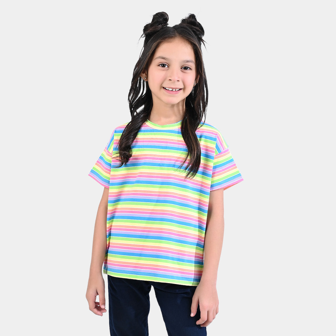 Girls Poly Cotton Jersey T-Shirt H/S Multi Stripe-Blue/Green