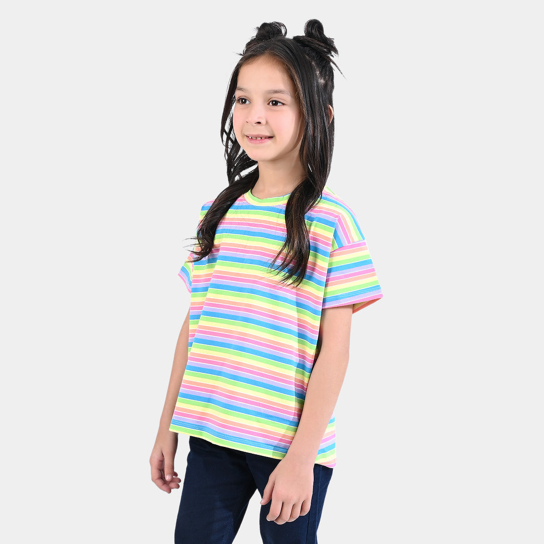 Girls Poly Cotton Jersey T-Shirt H/S Multi Stripe-Blue/Green