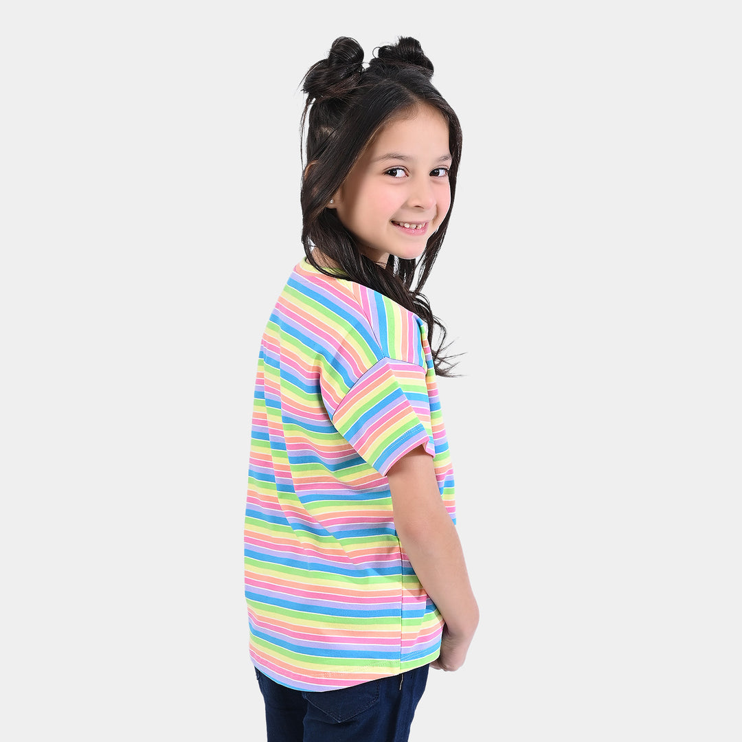 Girls Poly Cotton Jersey T-Shirt H/S Multi Stripe-Blue/Green