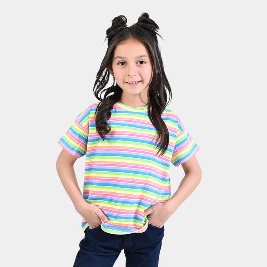 Girls Poly Cotton Jersey T-Shirt H/S Multi Stripe-Blue/Green