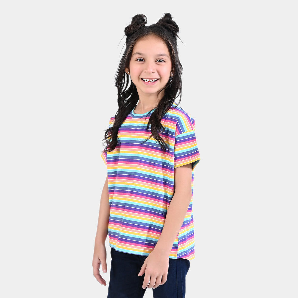 Girls Poly Cotton Jersey T-Shirt H/S Multi Stripe-Purple/Pink