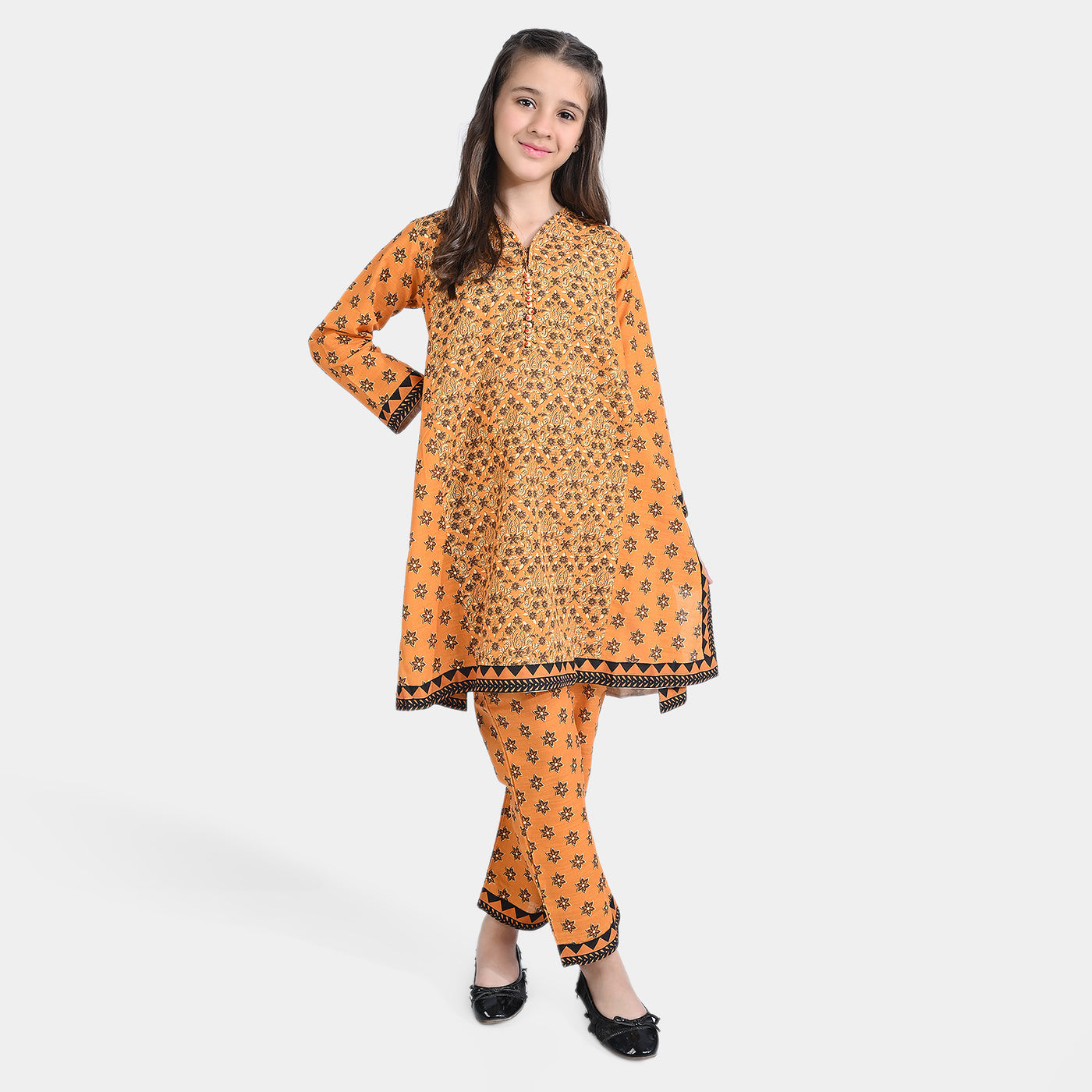 Girls Cotton Slub Printed 2 PCs Suit Bahaar-Mustard