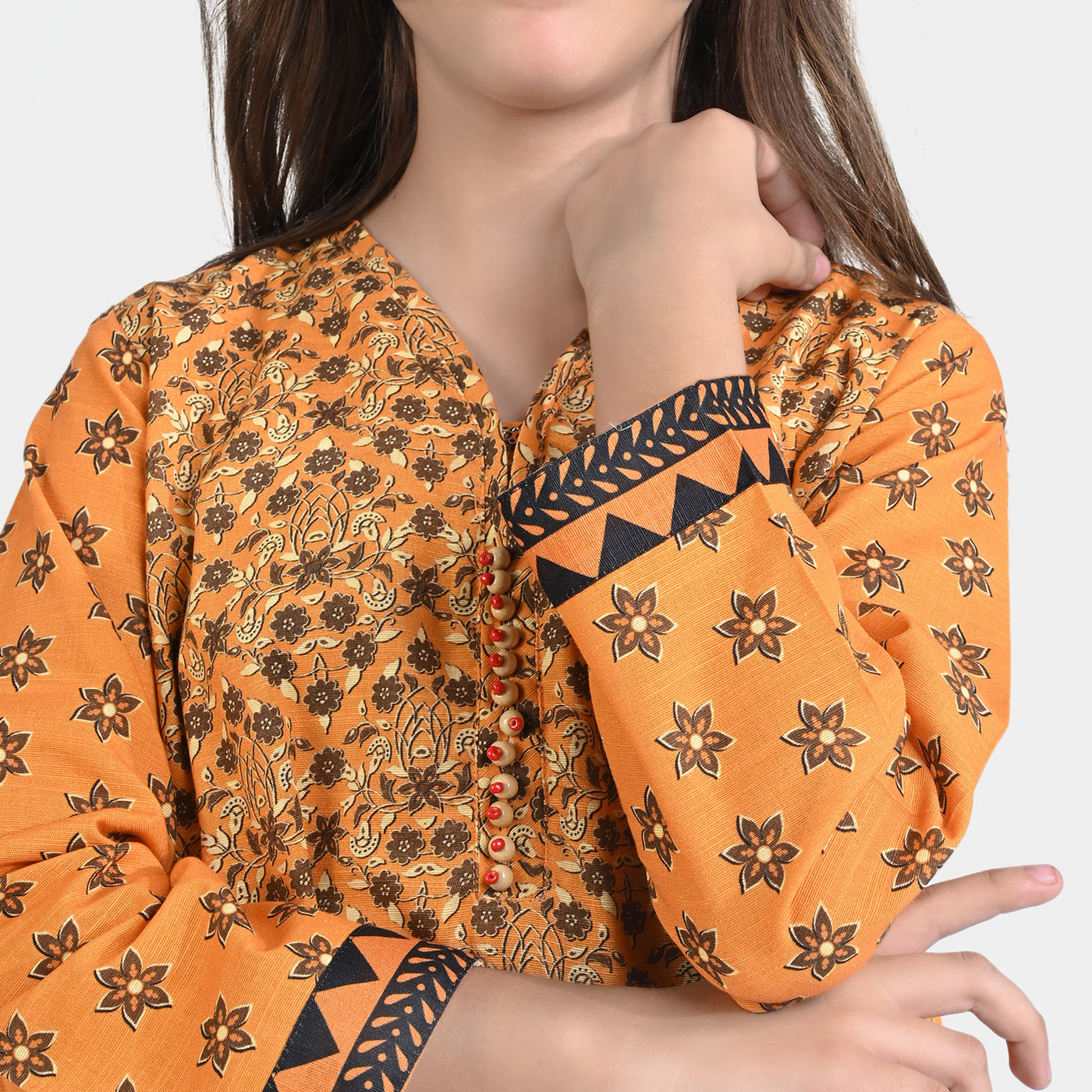 Girls Cotton Slub Printed 2 PCs Suit Bahaar-Mustard