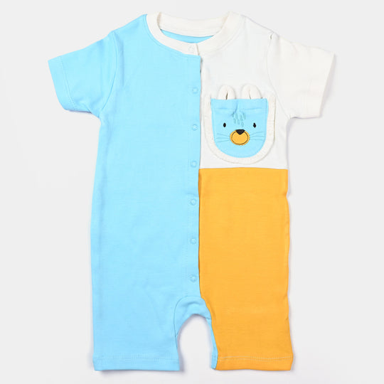 Infant Boys Cotton Interlock Knitted Romper Cat Face Pocket-Blue