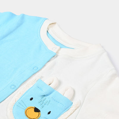 Infant Boys Cotton Interlock Knitted Romper Cat Face Pocket-Blue Elixir