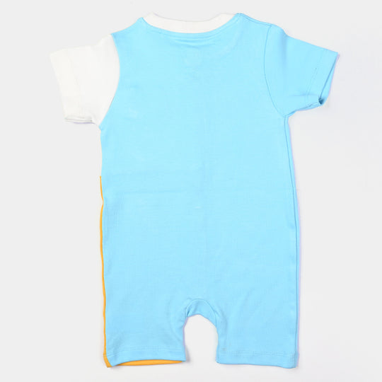 Infant Boys Cotton Interlock Knitted Romper Cat Face Pocket-Blue