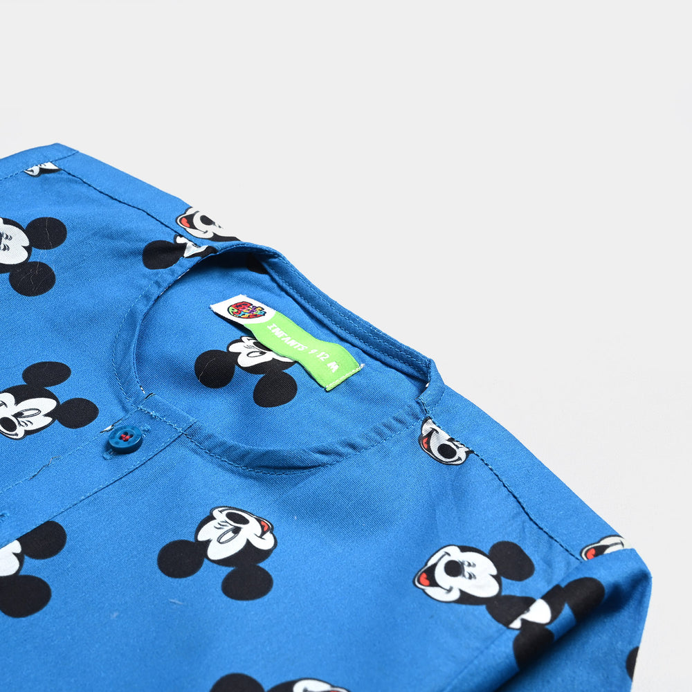 Infant Boys Cotton Poplin Printed Kurta-Blue