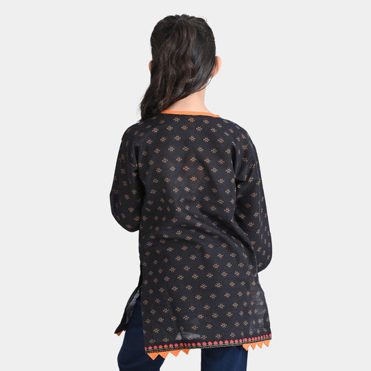 Girls Cotton Slub Printed Kurti Noorah-BLACK