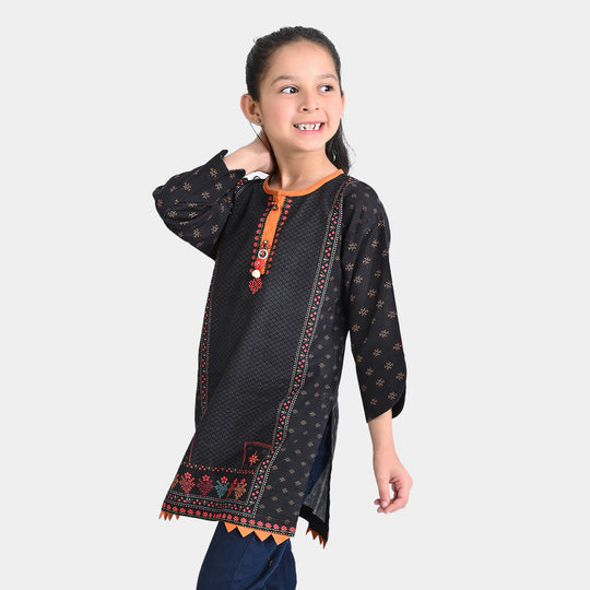 Girls Cotton Slub Printed Kurti Noorah-BLACK