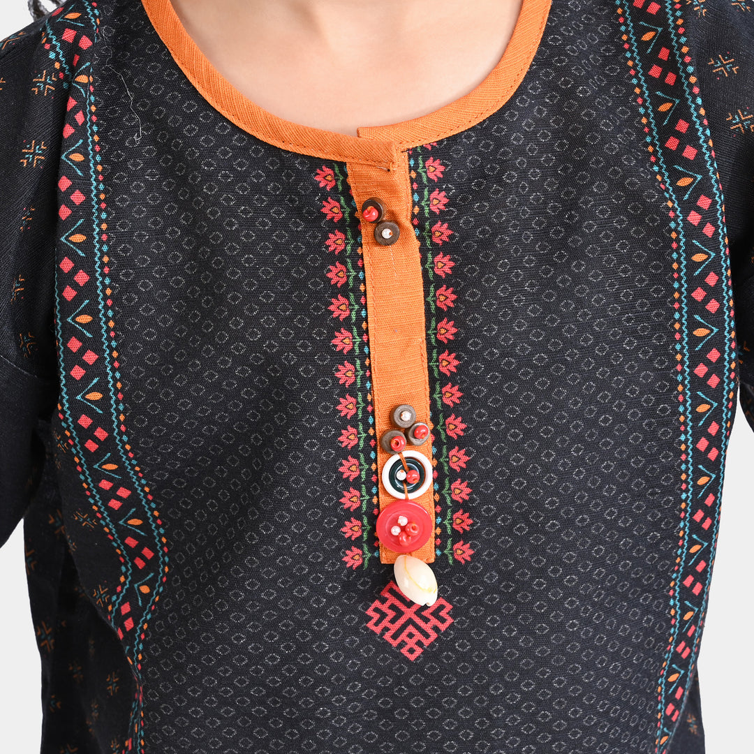 Girls Cotton Slub Printed Kurti Noorah-BLACK