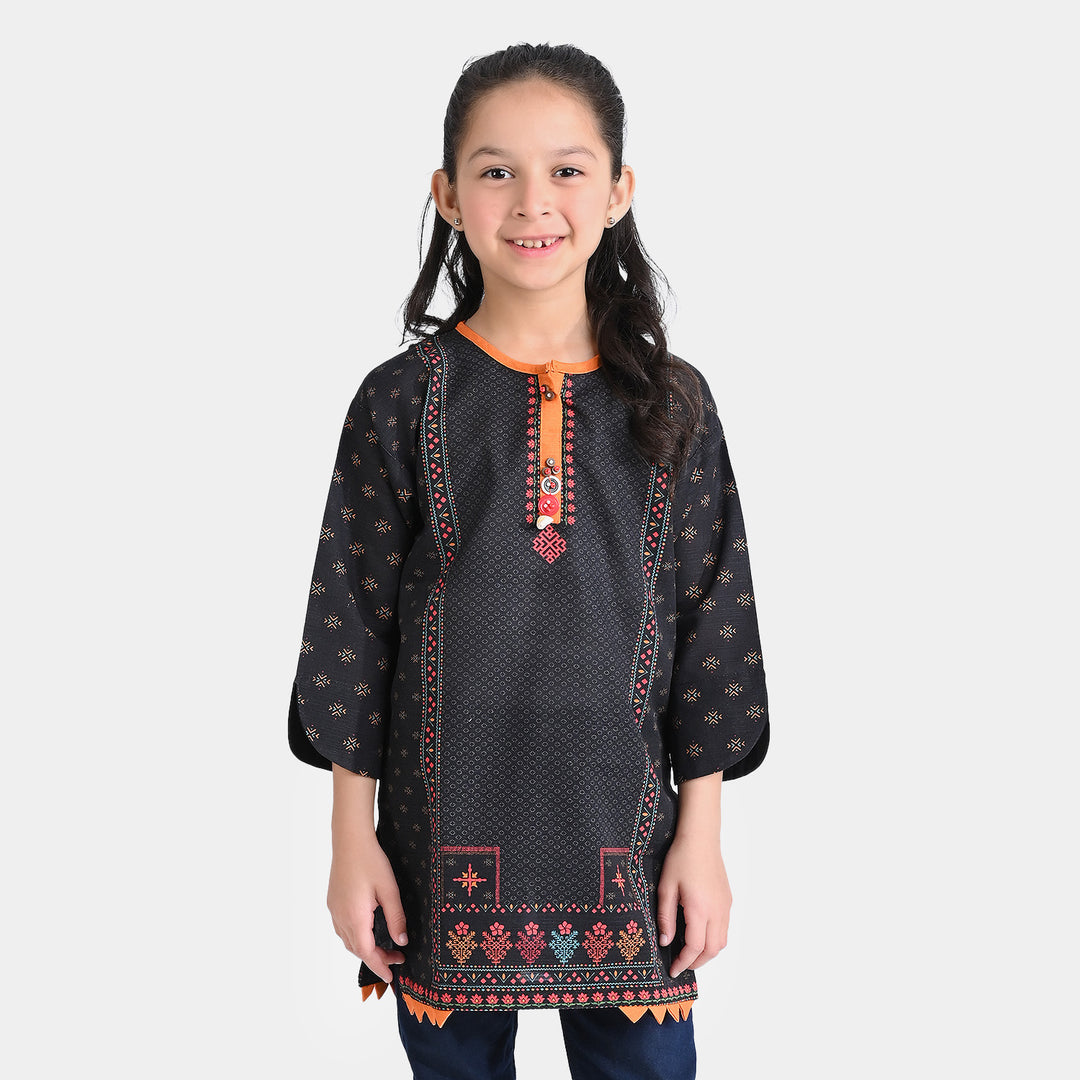 Girls Cotton Slub Printed Kurti Noorah-BLACK