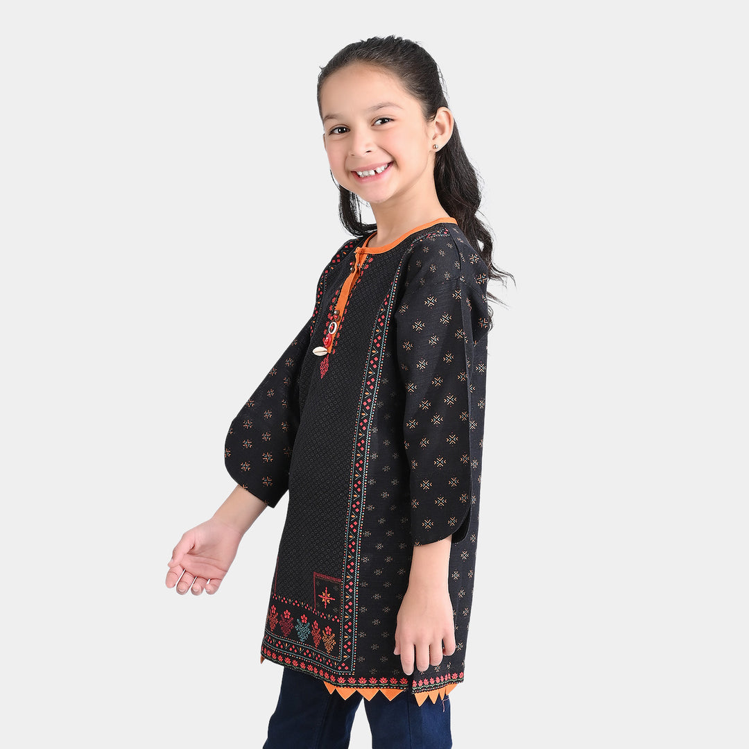 Girls Cotton Slub Printed Kurti Noorah-BLACK