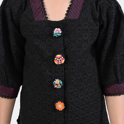 Girls Chicken Kari Emb Top Embellished Button-BLACK