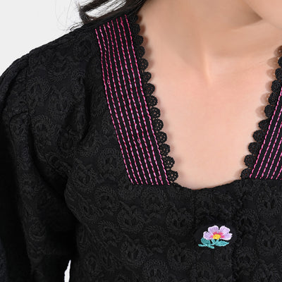 Girls Chicken Kari Emb Top Embellished Button-BLACK