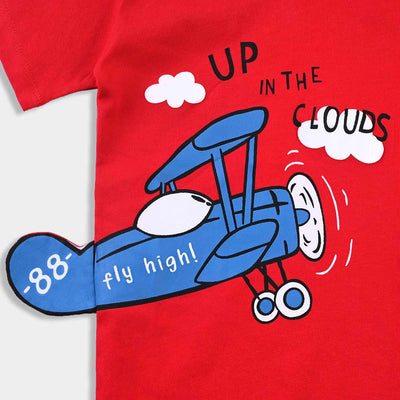 Boys Cotton Terry T-Shirt H/S Up In The Clouds-Fiery Red