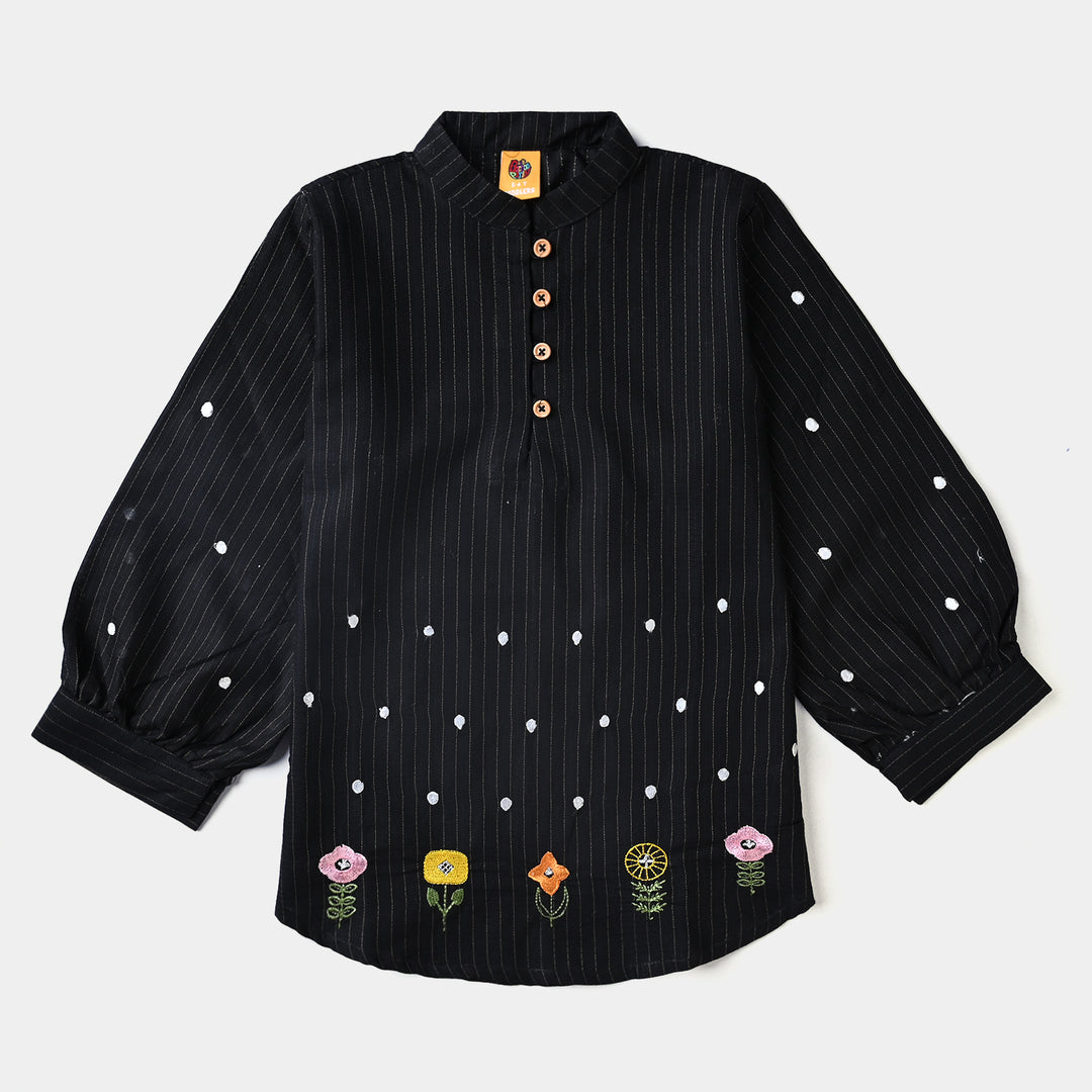 Girls Jacquard EMB Top Trible Flowers-BLACK