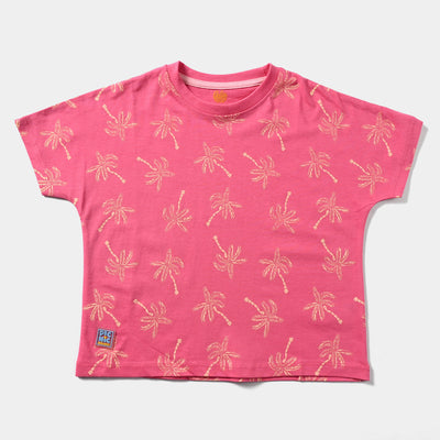 Girls Cotton Jersey T-Shirt H/S Palm Trees-Hot Pink