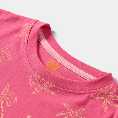 Girls Cotton Jersey T-Shirt H/S Palm Trees-Hot Pink